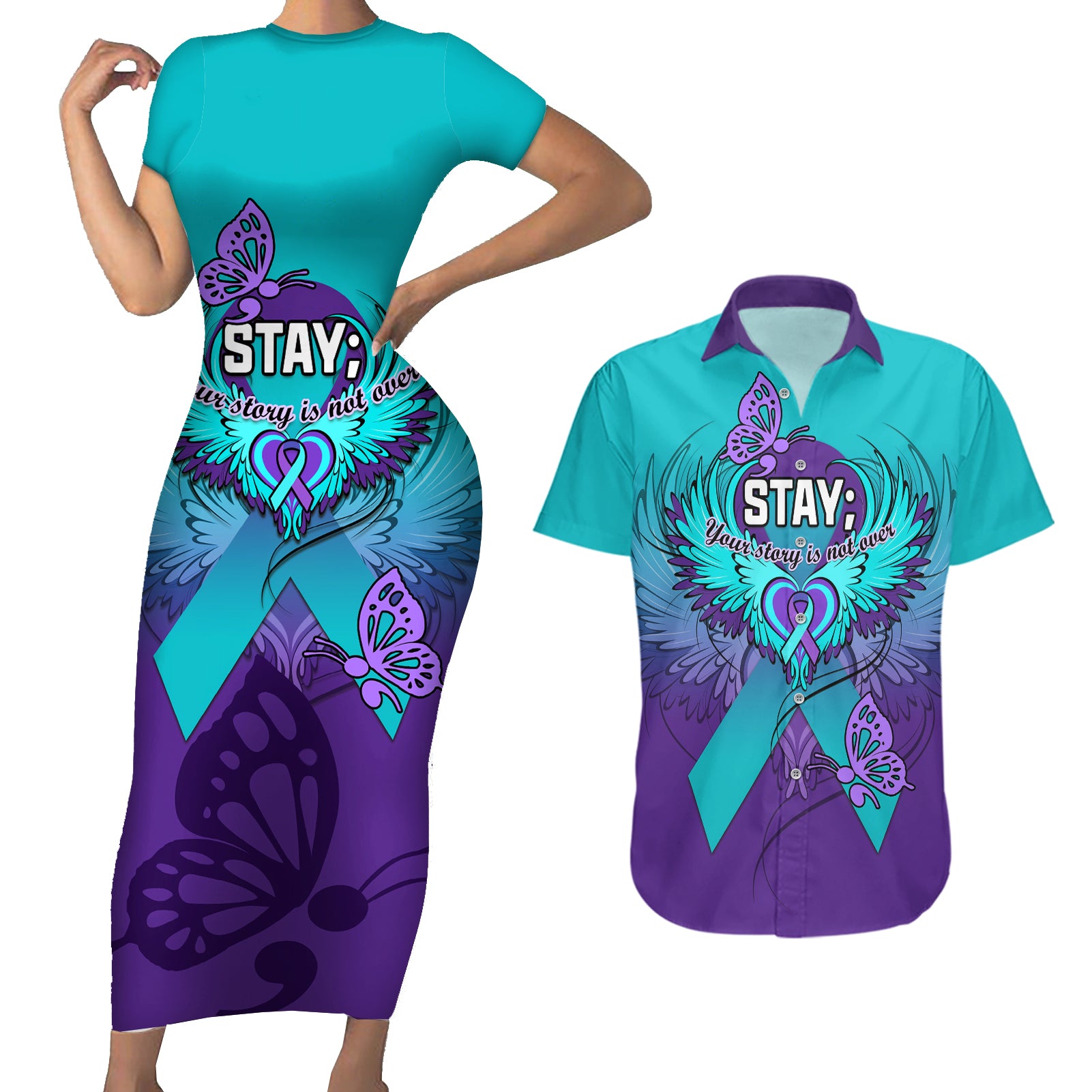 Personalised Stay Your Story is Not Over Suicide Prevention Couples Matching Short Sleeve Bodycon Dress and Hawaiian Shirt - Wonder Print Shop