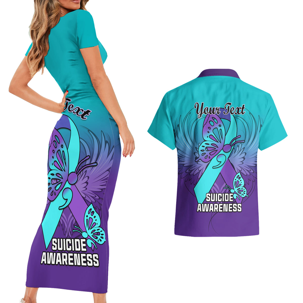 Personalised Stay Your Story is Not Over Suicide Prevention Couples Matching Short Sleeve Bodycon Dress and Hawaiian Shirt - Wonder Print Shop