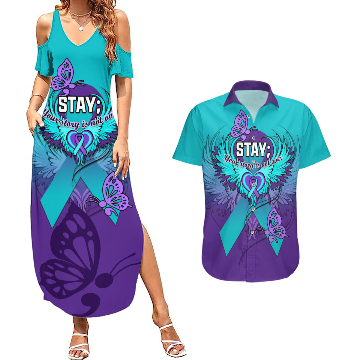 Personalised Stay Your Story is Not Over Suicide Prevention Couples Matching Summer Maxi Dress and Hawaiian Shirt - Wonder Print Shop