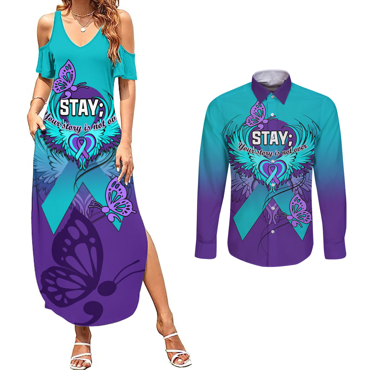 Personalised Stay Your Story is Not Over Suicide Prevention Couples Matching Summer Maxi Dress and Long Sleeve Button Shirts - Wonder Print Shop