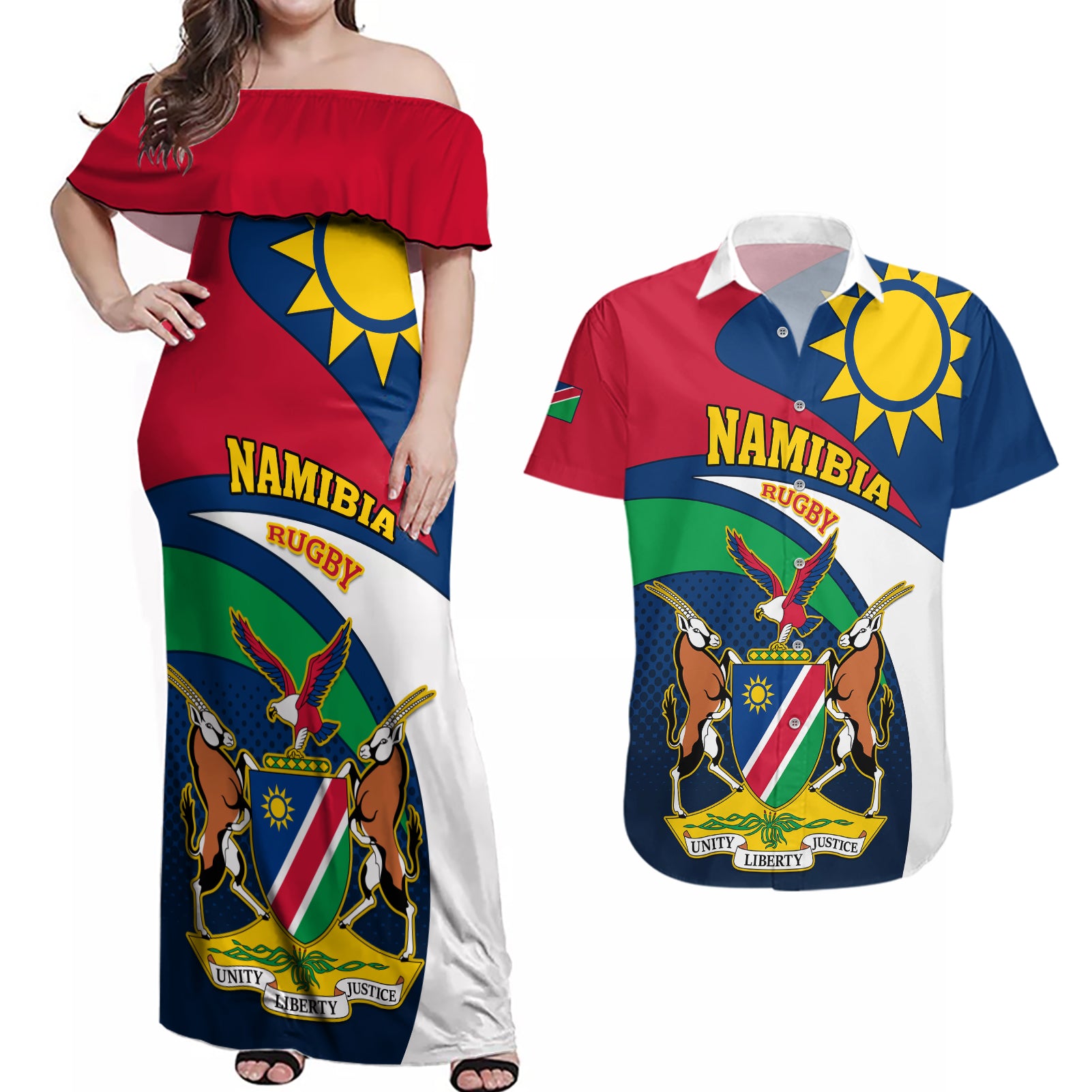 Custom Namibia Rugby Couples Matching Off Shoulder Maxi Dress and Hawaiian Shirt Welwitschias Go 2023 World Cup - Wonder Print Shop