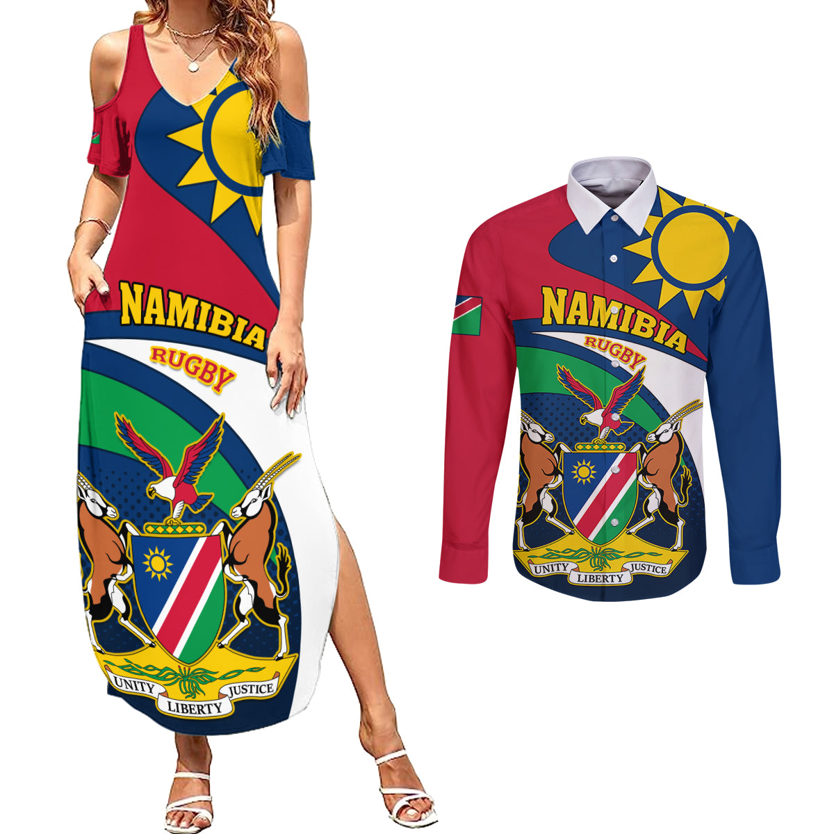 Custom Namibia Rugby Couples Matching Summer Maxi Dress and Long Sleeve Button Shirts Welwitschias Go 2023 World Cup - Wonder Print Shop