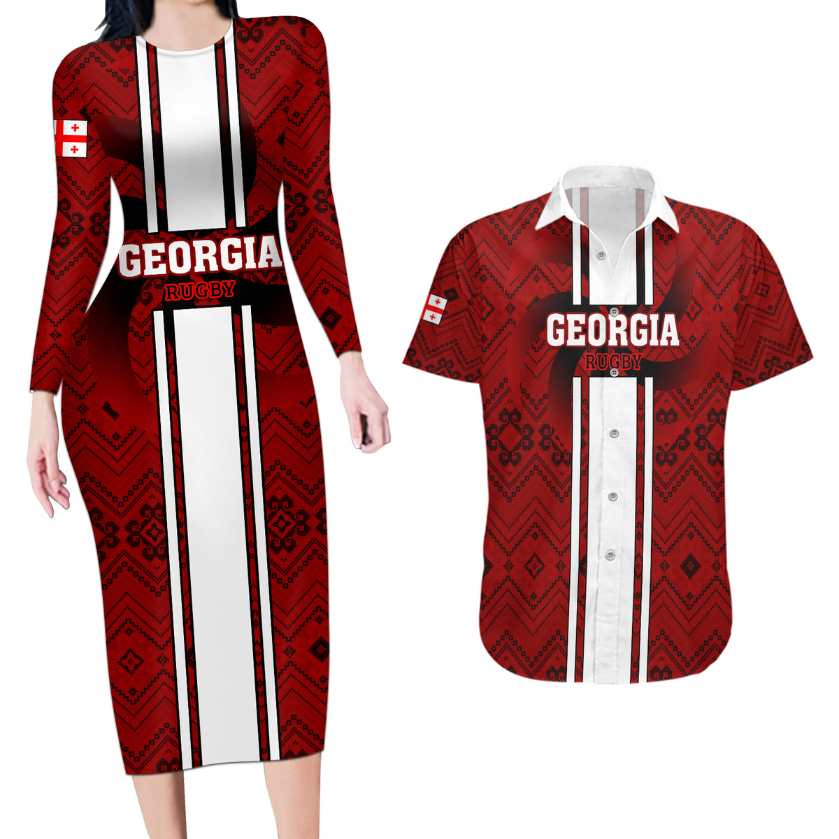 Georgia Rugby Couples Matching Long Sleeve Bodycon Dress and Hawaiian Shirt The Lelos Go 2023 World Cup - Wonder Print Shop