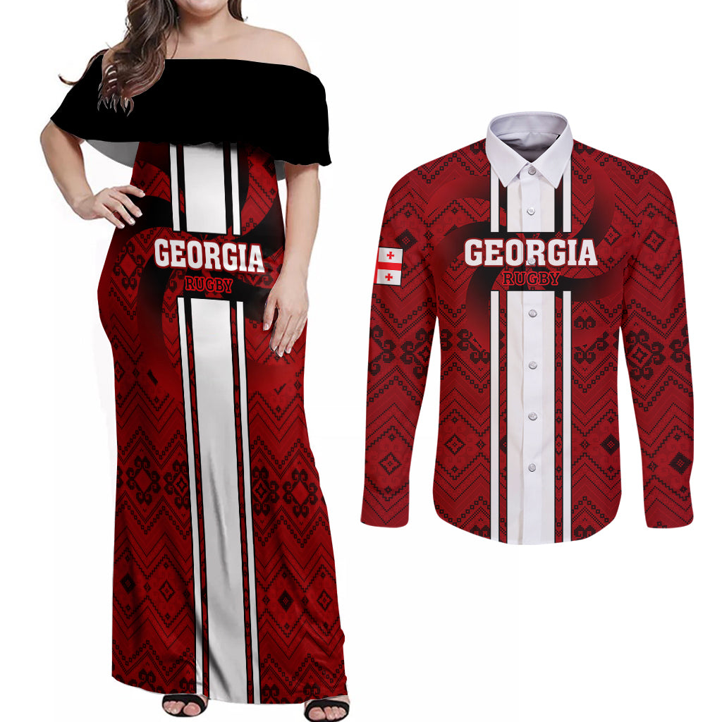 Georgia Rugby Couples Matching Off Shoulder Maxi Dress and Long Sleeve Button Shirts The Lelos Go 2023 World Cup - Wonder Print Shop