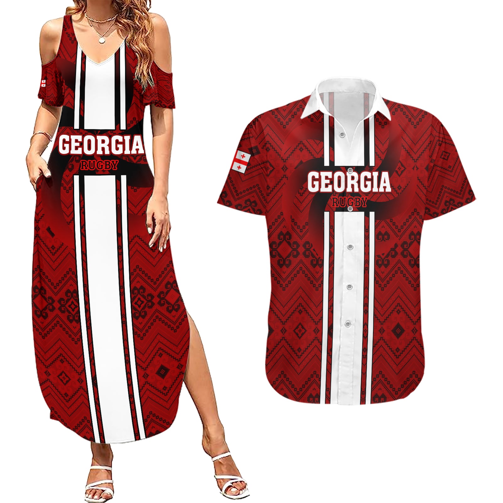 Georgia Rugby Couples Matching Summer Maxi Dress and Hawaiian Shirt The Lelos Go 2023 World Cup - Wonder Print Shop