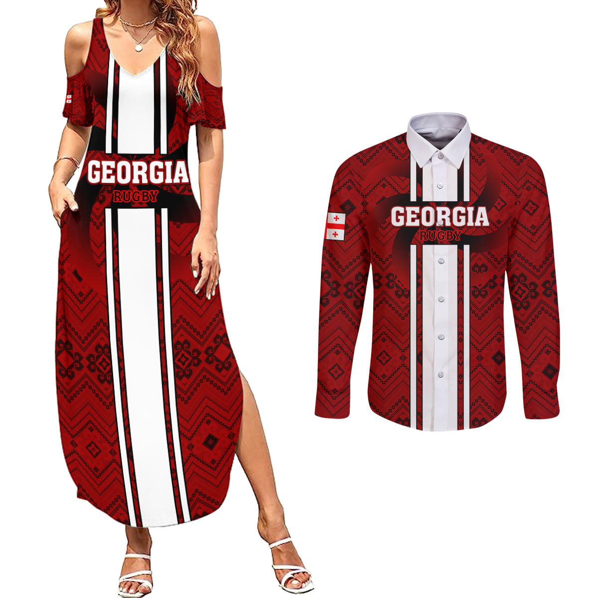 Georgia Rugby Couples Matching Summer Maxi Dress and Long Sleeve Button Shirts The Lelos Go 2023 World Cup - Wonder Print Shop
