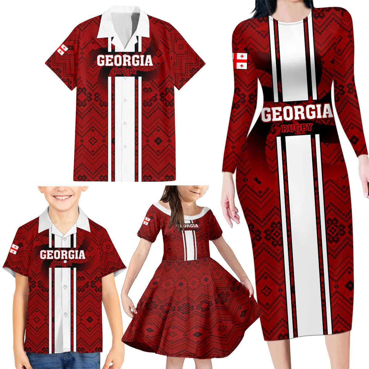 Georgia Rugby Family Matching Long Sleeve Bodycon Dress and Hawaiian Shirt The Lelos Go 2023 World Cup - Wonder Print Shop