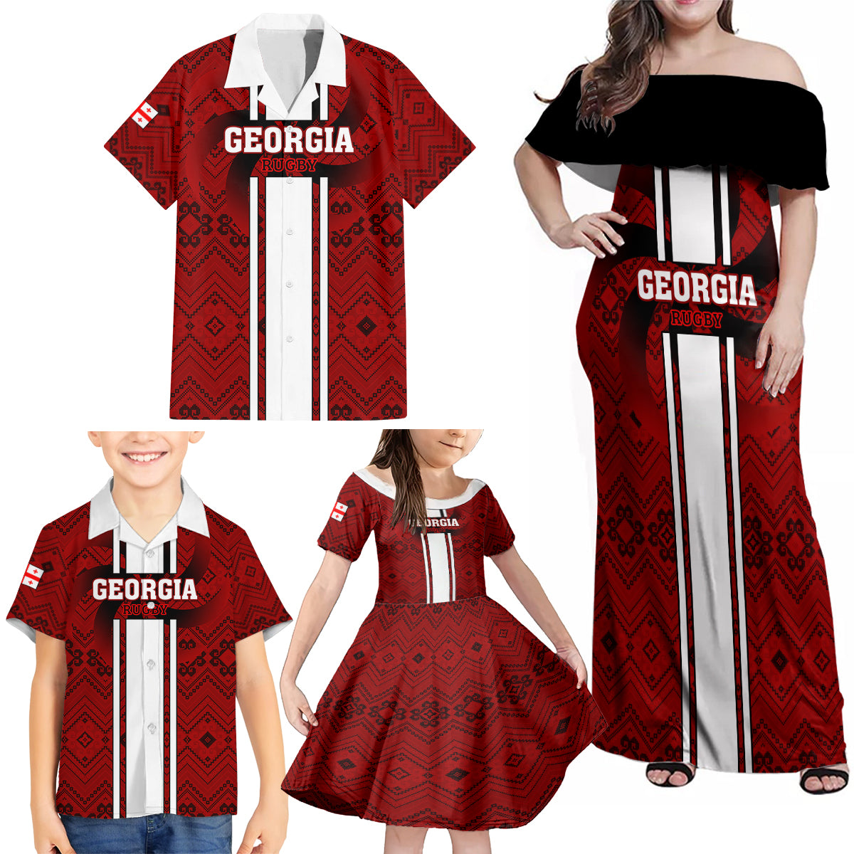 Georgia Rugby Family Matching Off Shoulder Maxi Dress and Hawaiian Shirt The Lelos Go 2023 World Cup - Wonder Print Shop