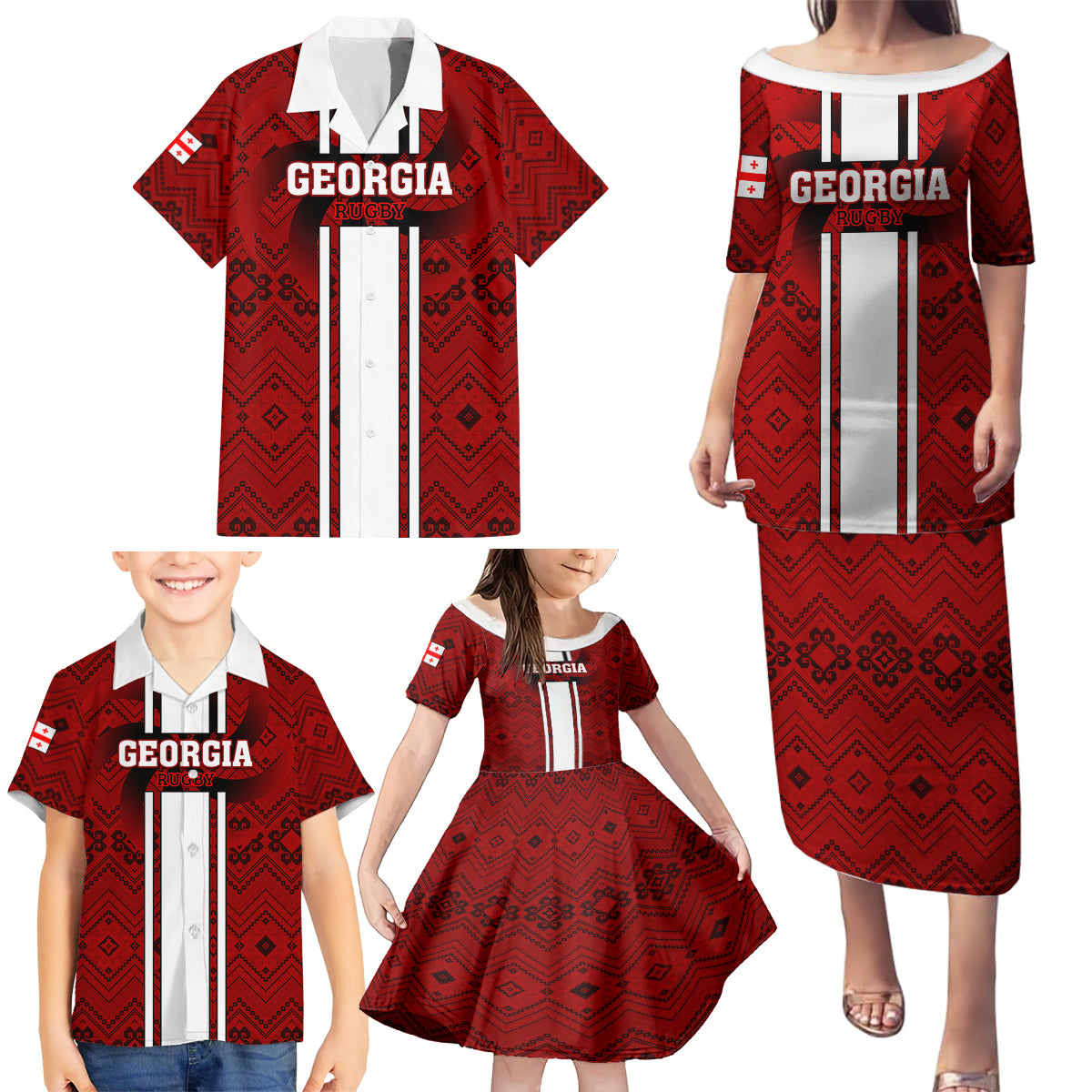 Georgia Rugby Family Matching Puletasi Dress and Hawaiian Shirt The Lelos Go 2023 World Cup - Wonder Print Shop