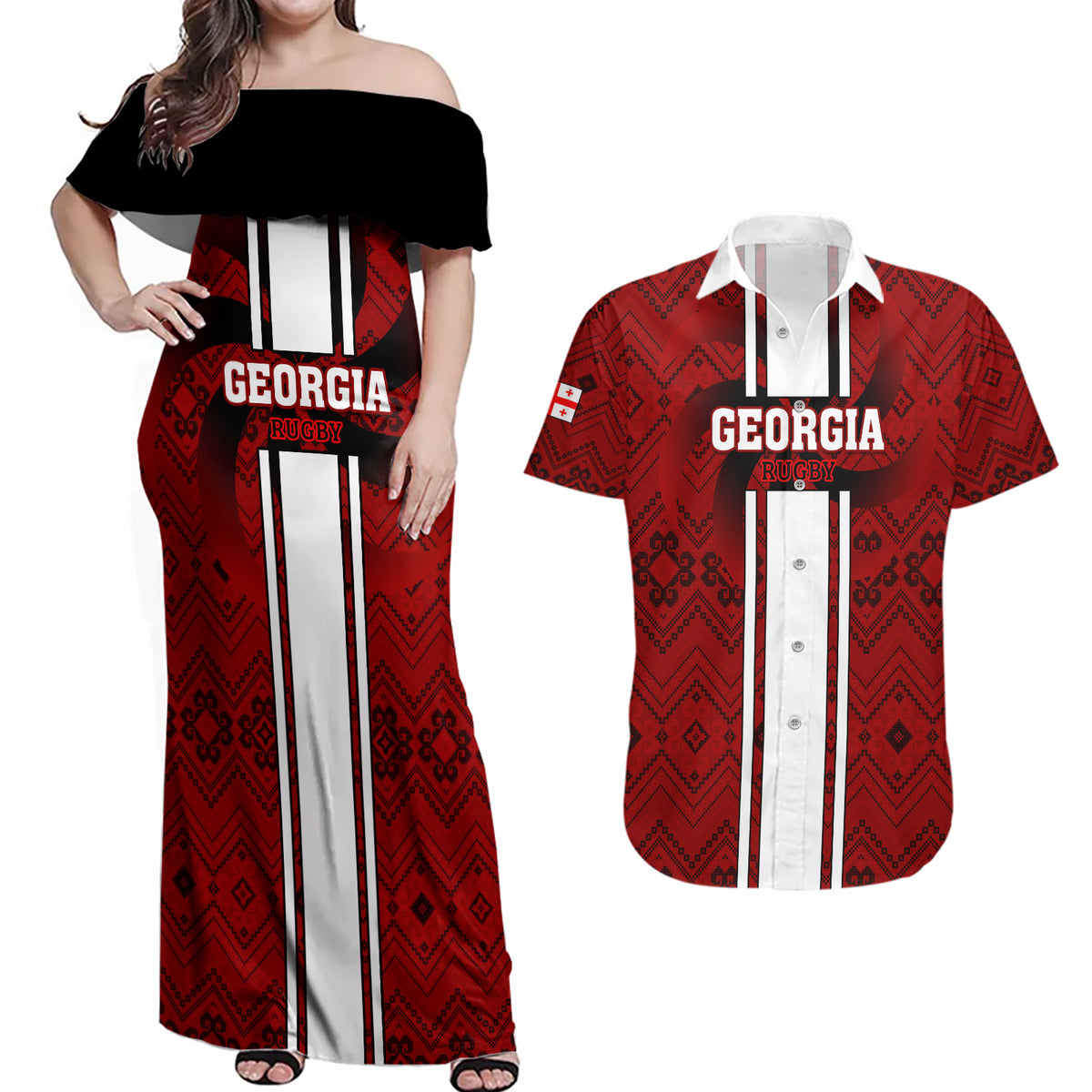 Custom Georgia Rugby Couples Matching Off Shoulder Maxi Dress and Hawaiian Shirt The Lelos Go 2023 World Cup - Wonder Print Shop