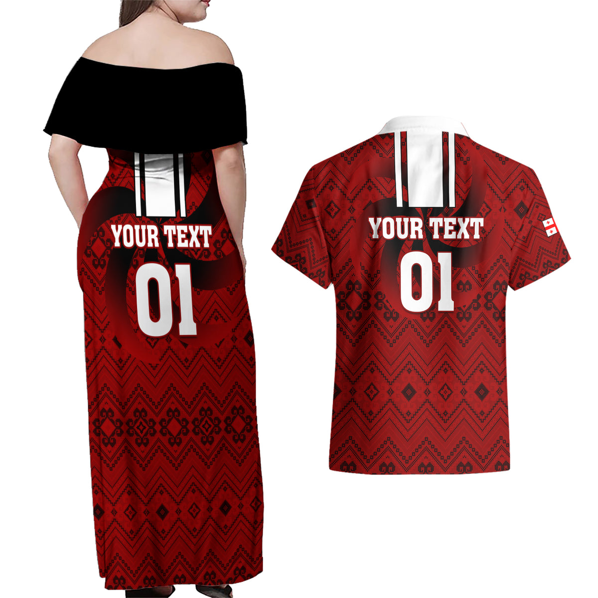 Custom Georgia Rugby Couples Matching Off Shoulder Maxi Dress and Hawaiian Shirt The Lelos Go 2023 World Cup - Wonder Print Shop