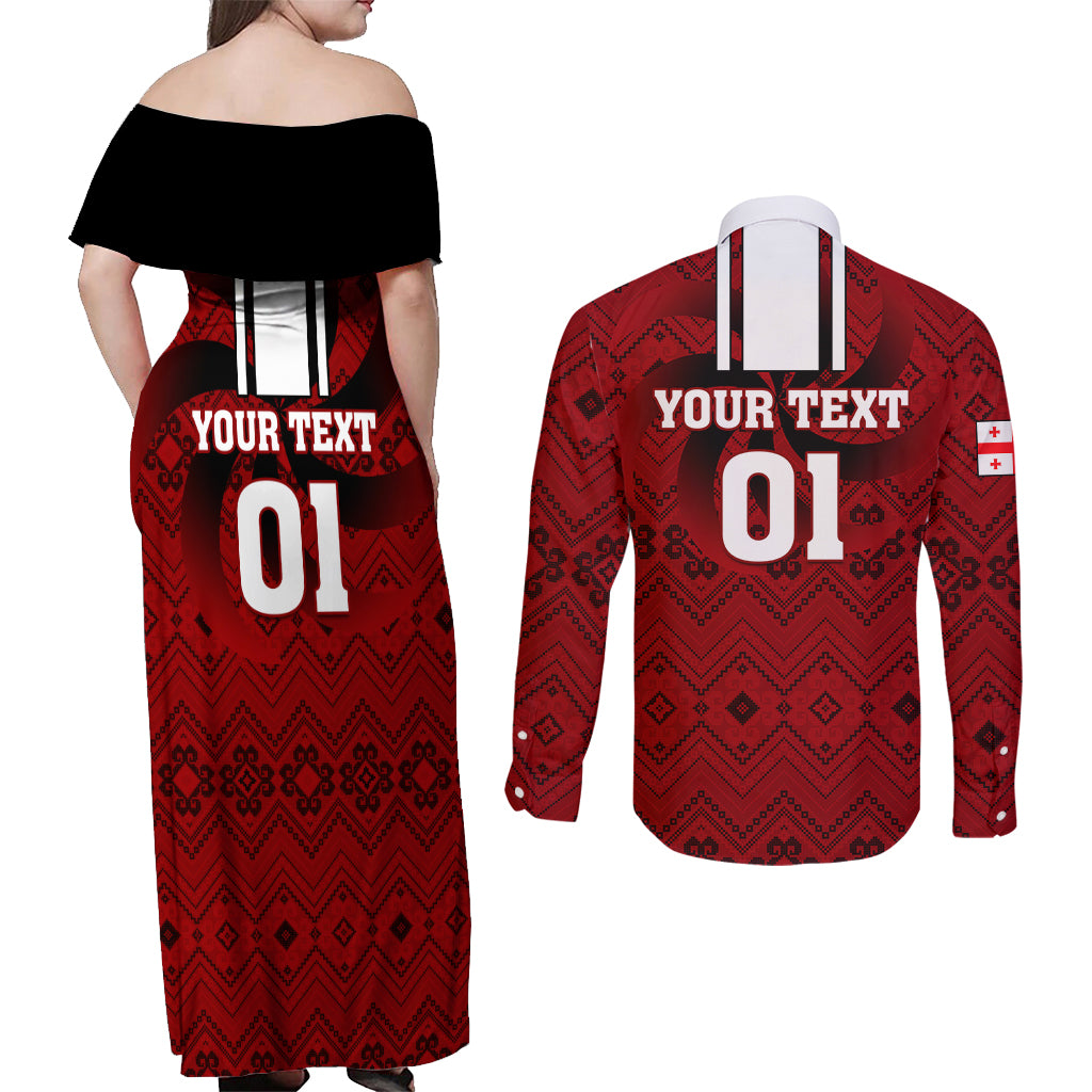 Custom Georgia Rugby Couples Matching Off Shoulder Maxi Dress and Long Sleeve Button Shirts The Lelos Go 2023 World Cup - Wonder Print Shop