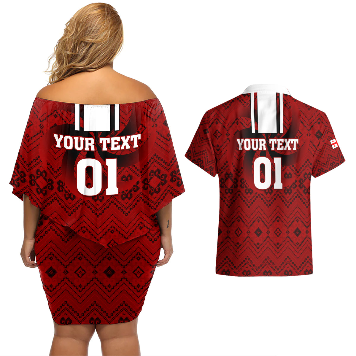 Custom Georgia Rugby Couples Matching Off Shoulder Short Dress and Hawaiian Shirt The Lelos Go 2023 World Cup - Wonder Print Shop