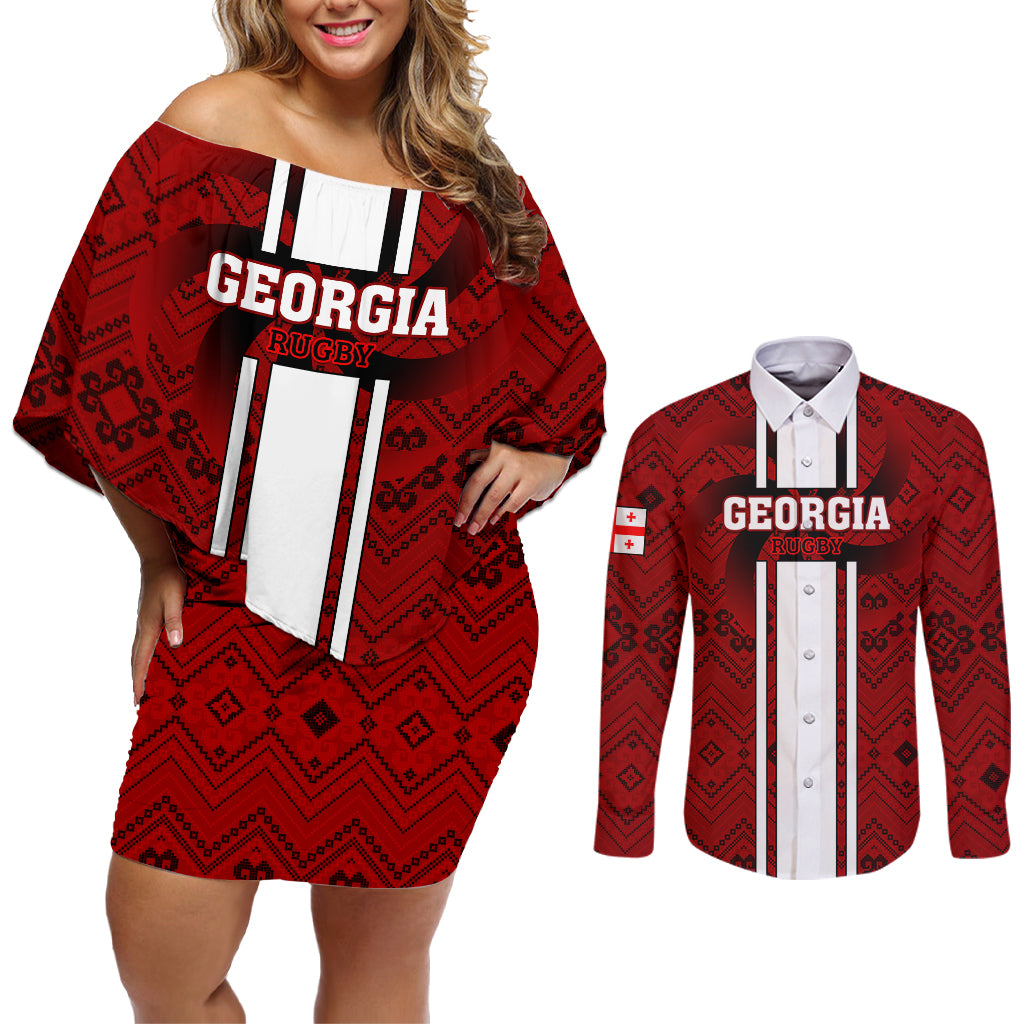 Custom Georgia Rugby Couples Matching Off Shoulder Short Dress and Long Sleeve Button Shirts The Lelos Go 2023 World Cup - Wonder Print Shop