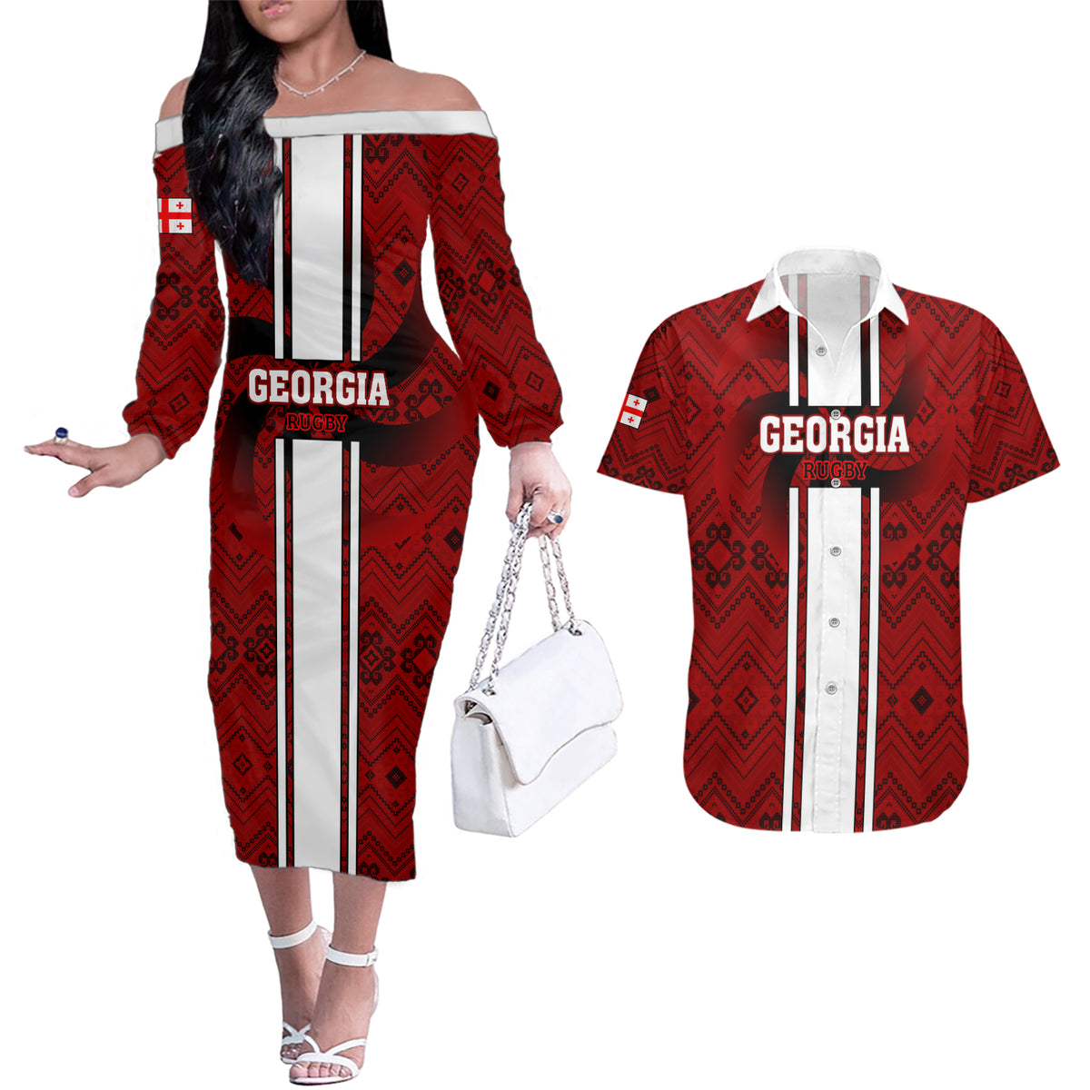 Custom Georgia Rugby Couples Matching Off The Shoulder Long Sleeve Dress and Hawaiian Shirt The Lelos Go 2023 World Cup - Wonder Print Shop
