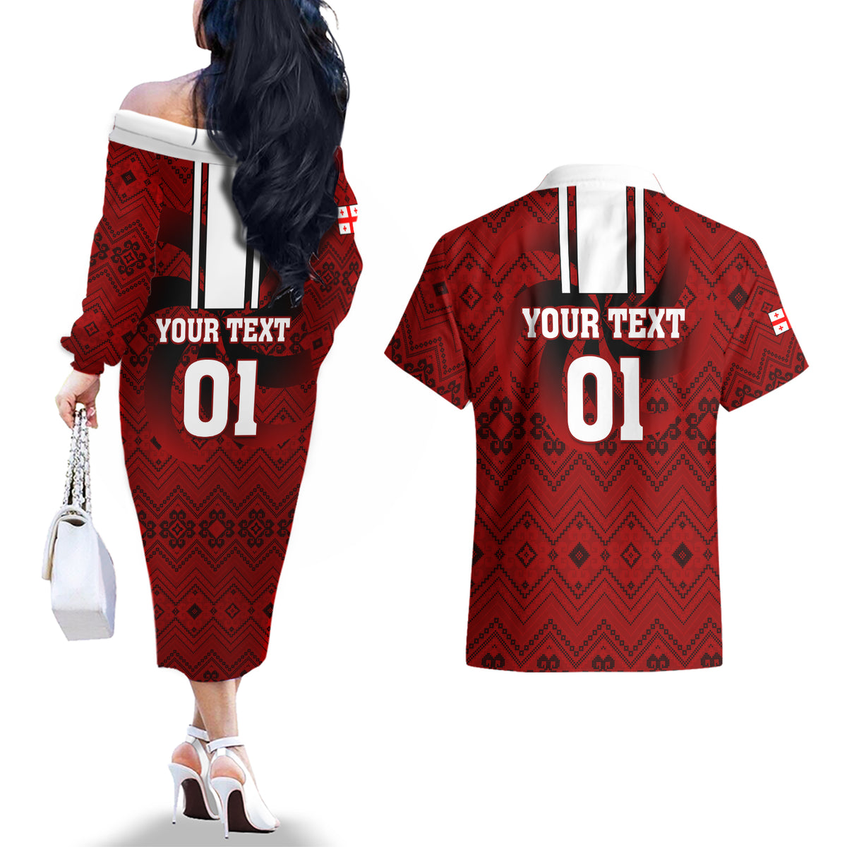 Custom Georgia Rugby Couples Matching Off The Shoulder Long Sleeve Dress and Hawaiian Shirt The Lelos Go 2023 World Cup - Wonder Print Shop