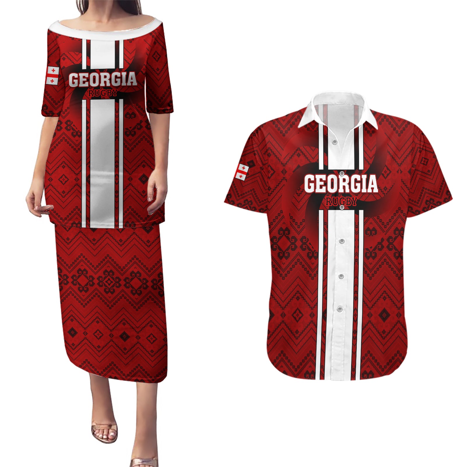 Custom Georgia Rugby Couples Matching Puletasi Dress and Hawaiian Shirt The Lelos Go 2023 World Cup - Wonder Print Shop