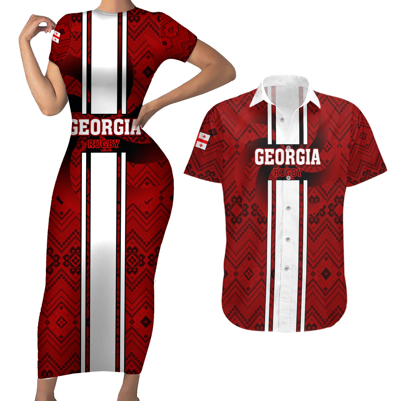 Custom Georgia Rugby Couples Matching Short Sleeve Bodycon Dress and Hawaiian Shirt The Lelos Go 2023 World Cup - Wonder Print Shop