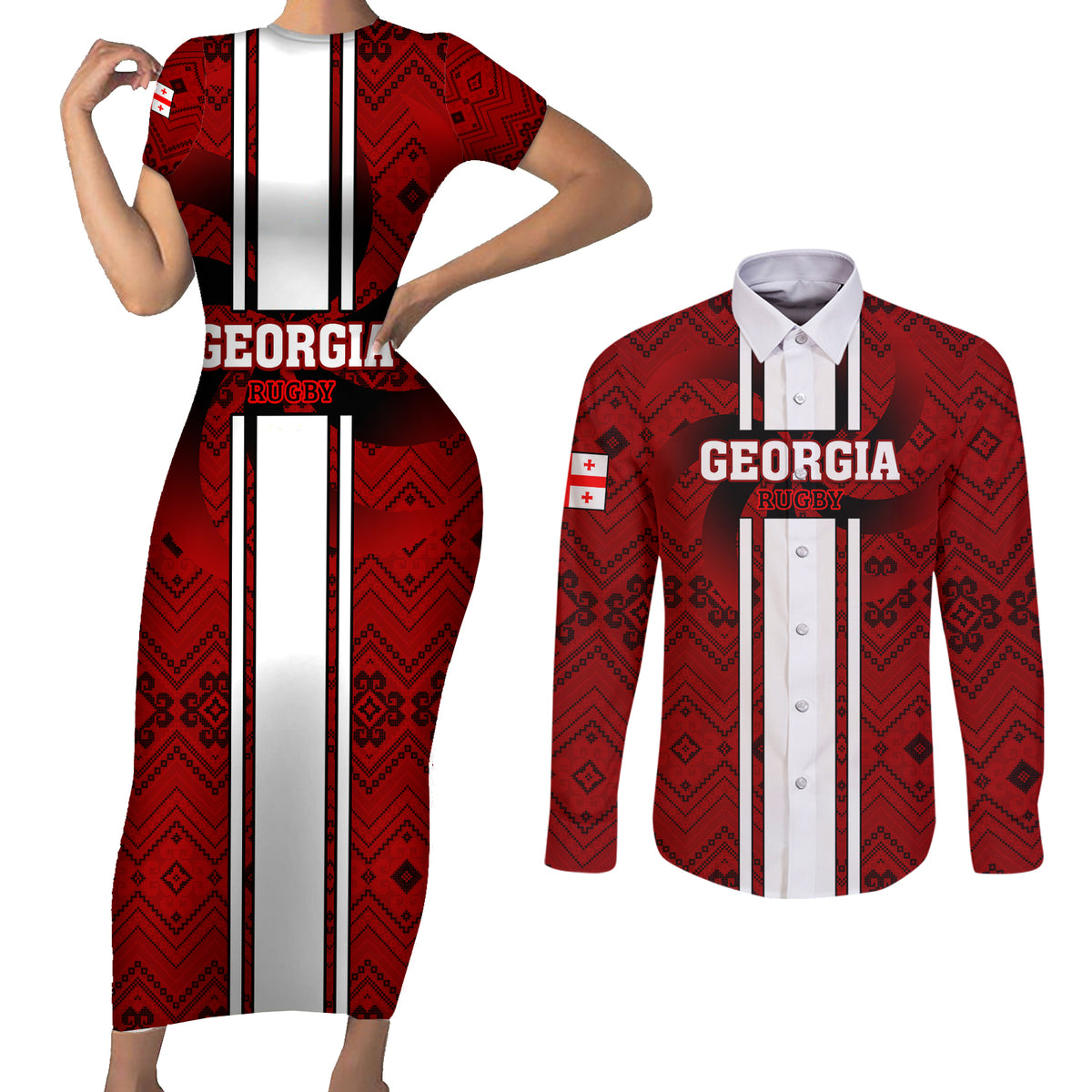 Custom Georgia Rugby Couples Matching Short Sleeve Bodycon Dress and Long Sleeve Button Shirts The Lelos Go 2023 World Cup - Wonder Print Shop