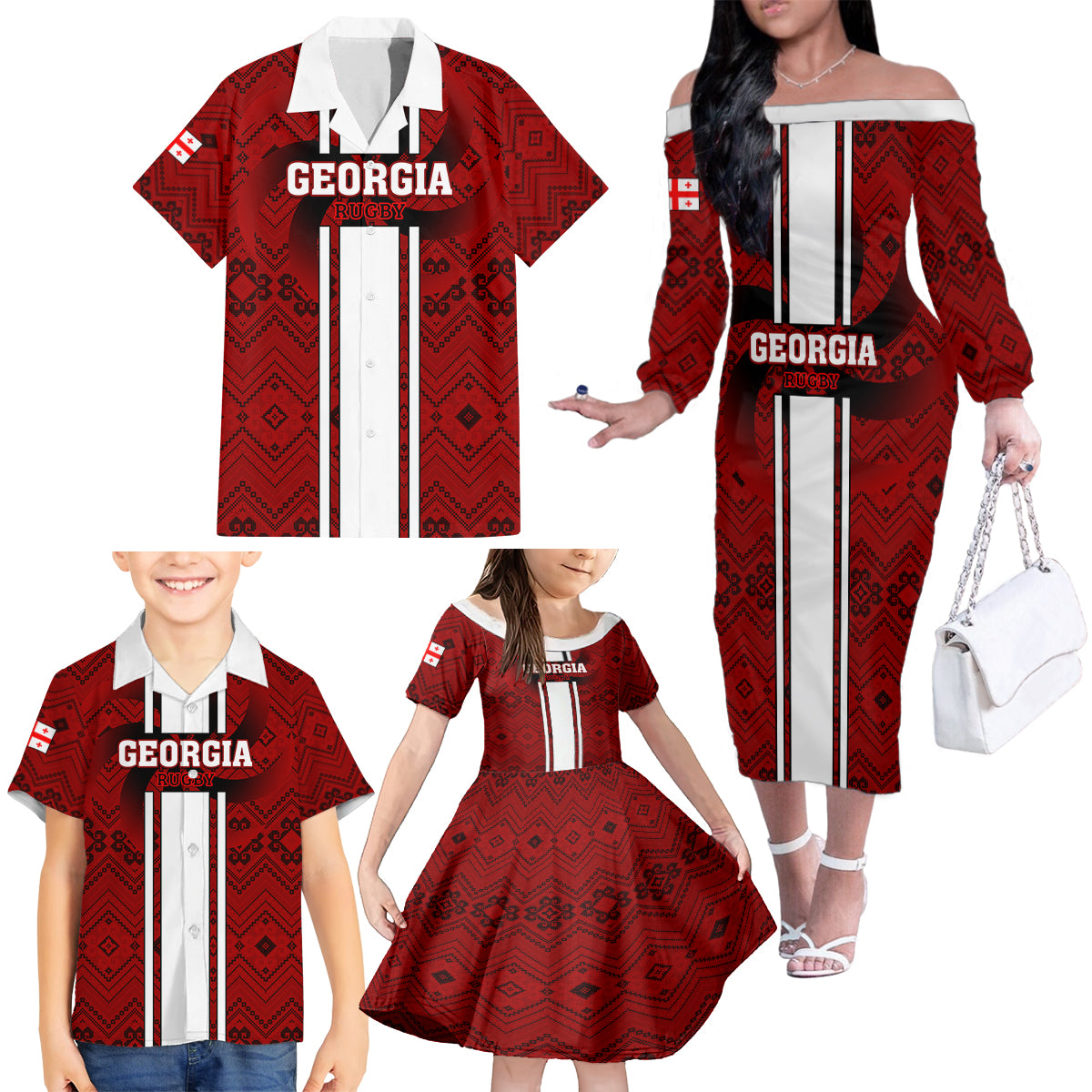 Custom Georgia Rugby Family Matching Off Shoulder Long Sleeve Dress and Hawaiian Shirt The Lelos Go 2023 World Cup - Wonder Print Shop