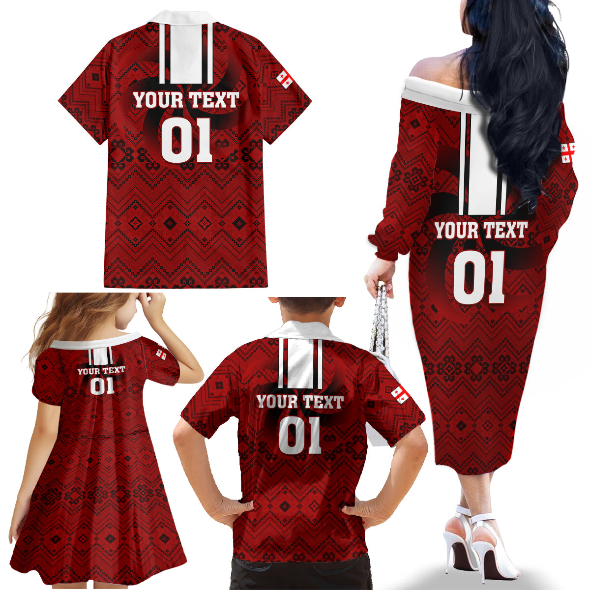 Custom Georgia Rugby Family Matching Off Shoulder Long Sleeve Dress and Hawaiian Shirt The Lelos Go 2023 World Cup - Wonder Print Shop