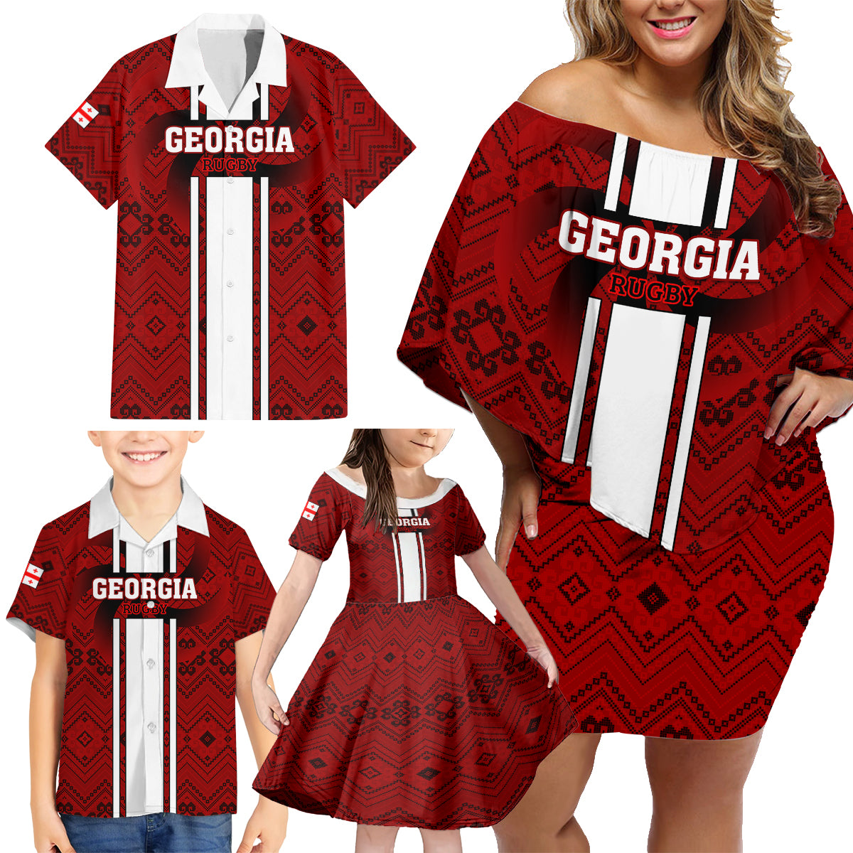 Custom Georgia Rugby Family Matching Off Shoulder Short Dress and Hawaiian Shirt The Lelos Go 2023 World Cup - Wonder Print Shop