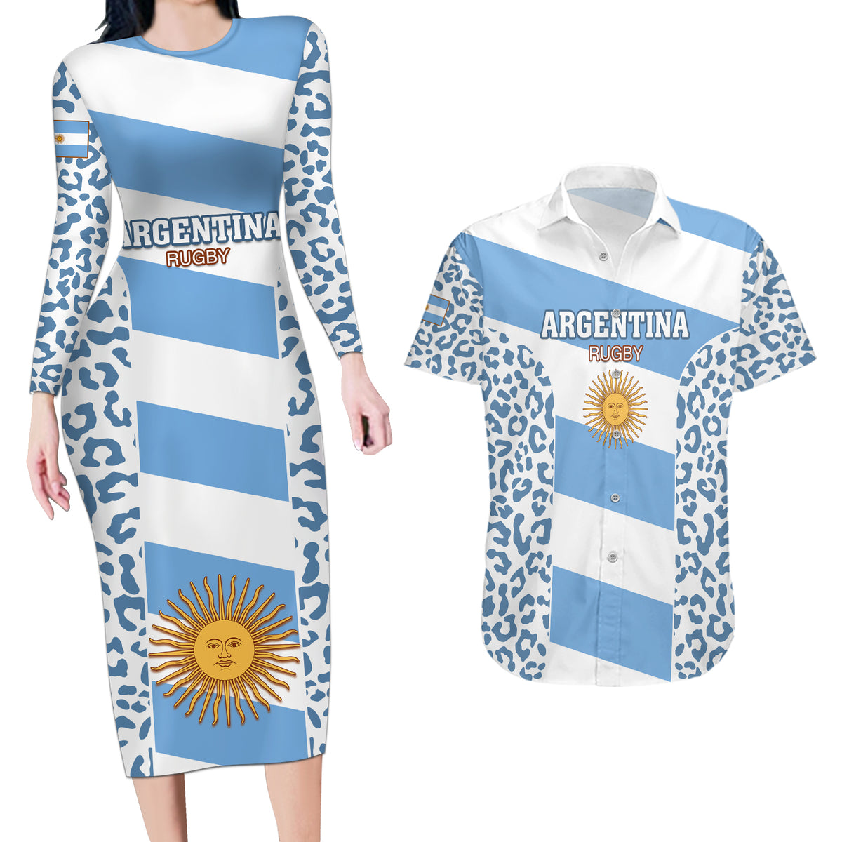Argentina Rugby Couples Matching Long Sleeve Bodycon Dress and Hawaiian Shirt Los Pumas Go 2023 World Cup - Wonder Print Shop