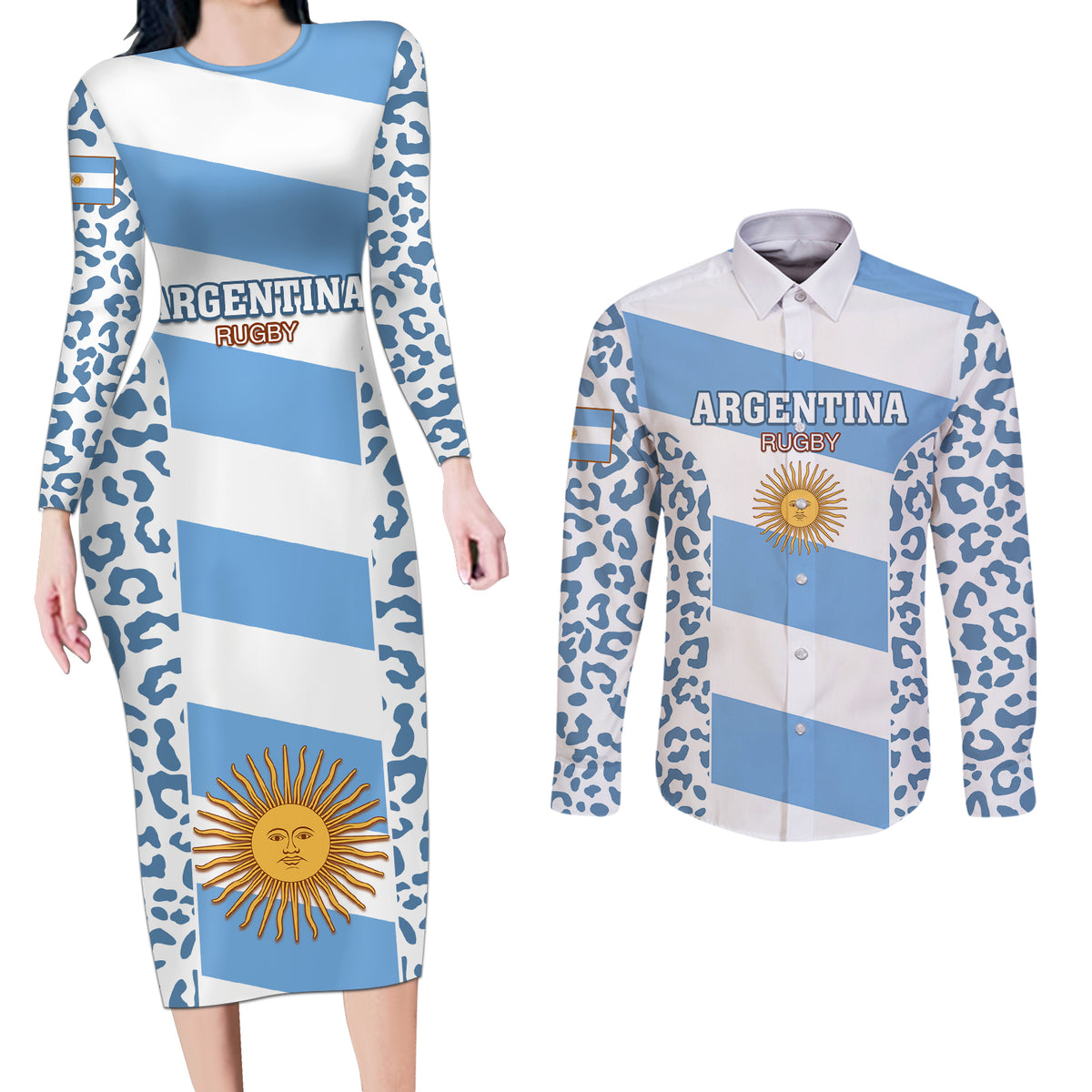 Argentina Rugby Couples Matching Long Sleeve Bodycon Dress and Long Sleeve Button Shirts Los Pumas Go 2023 World Cup - Wonder Print Shop