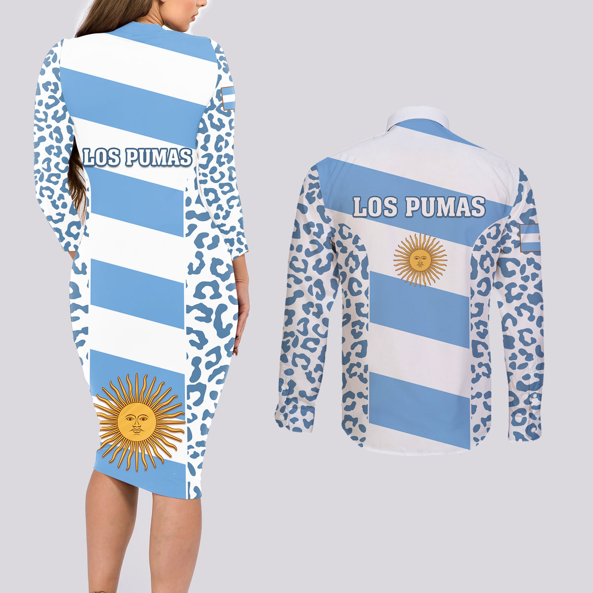 Argentina Rugby Couples Matching Long Sleeve Bodycon Dress and Long Sleeve Button Shirts Los Pumas Go 2023 World Cup - Wonder Print Shop