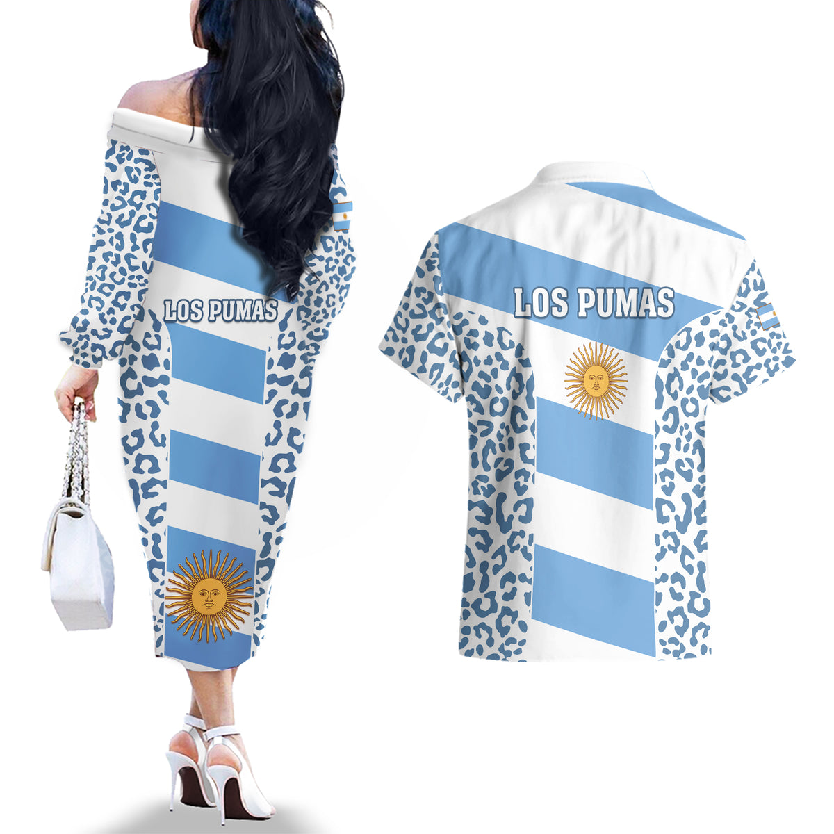 Argentina Rugby Couples Matching Off The Shoulder Long Sleeve Dress and Hawaiian Shirt Los Pumas Go 2023 World Cup - Wonder Print Shop