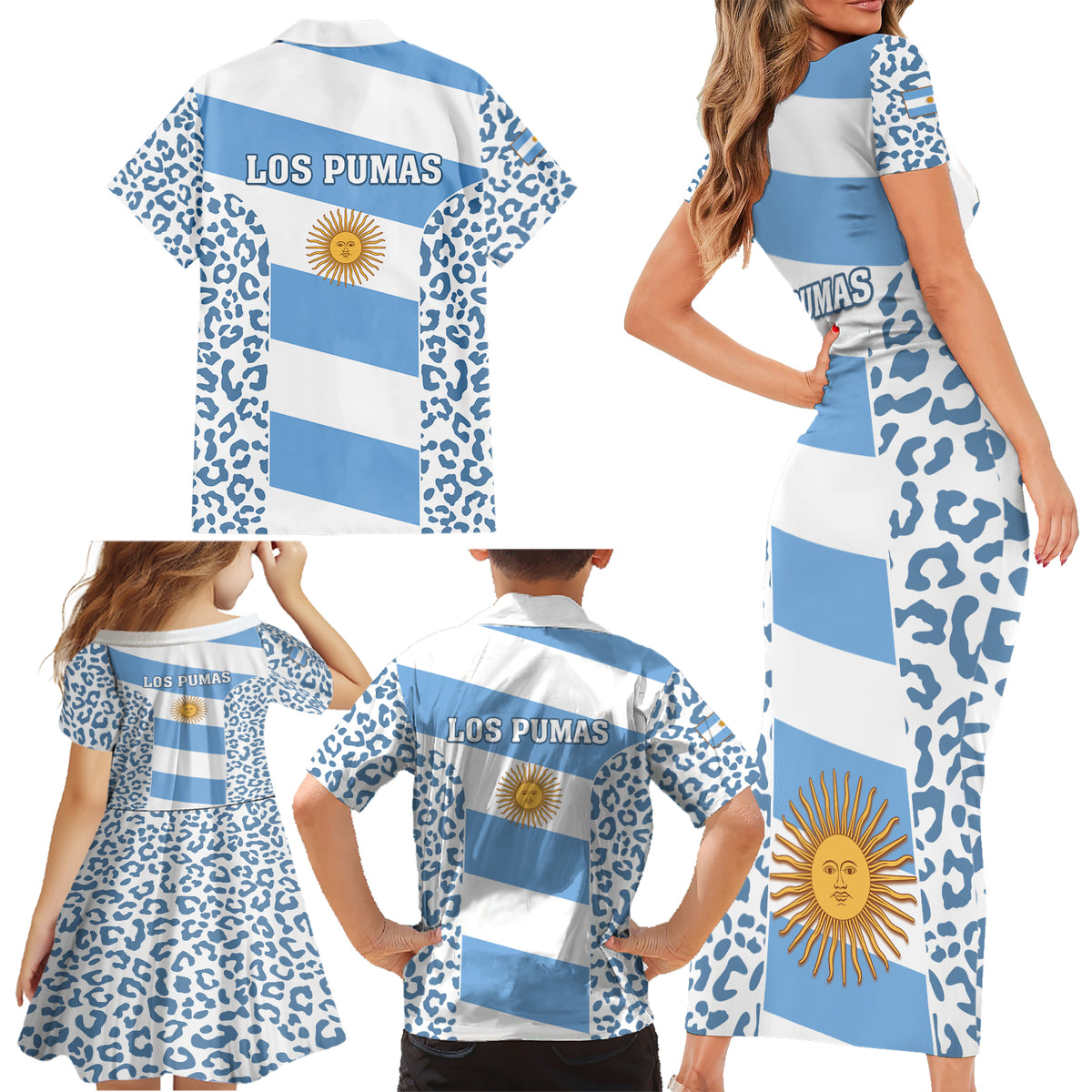Argentina Rugby Family Matching Short Sleeve Bodycon Dress and Hawaiian Shirt Los Pumas Go 2023 World Cup - Wonder Print Shop