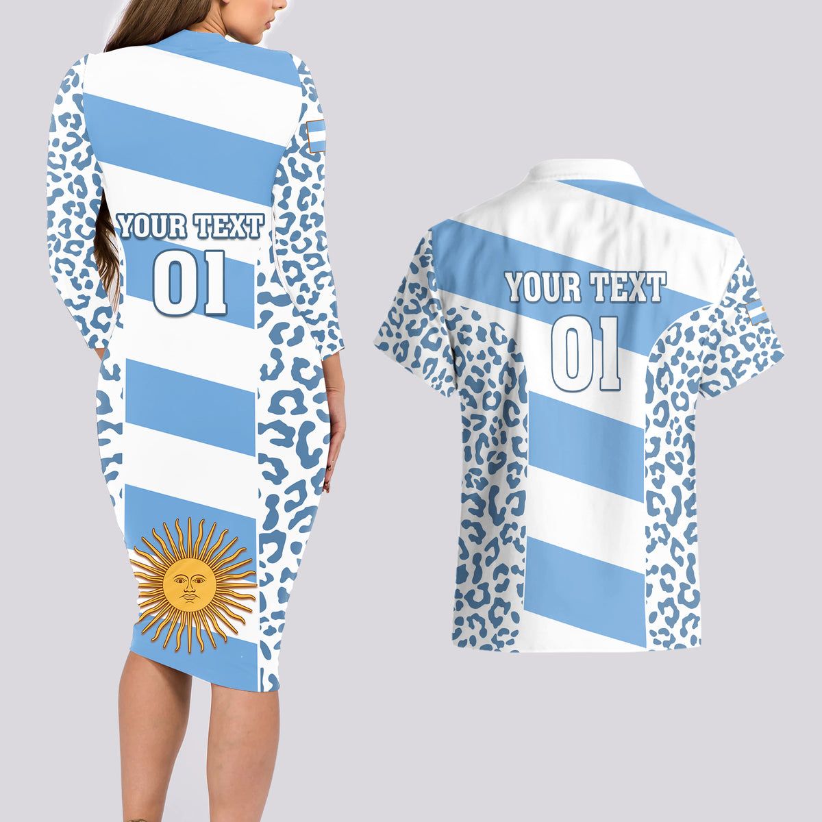 Custom Argentina Rugby Couples Matching Long Sleeve Bodycon Dress and Hawaiian Shirt Los Pumas Go 2023 World Cup - Wonder Print Shop