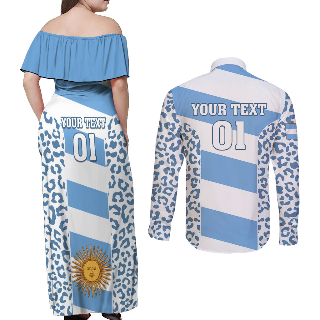 Custom Argentina Rugby Couples Matching Off Shoulder Maxi Dress and Long Sleeve Button Shirts Los Pumas Go 2023 World Cup - Wonder Print Shop