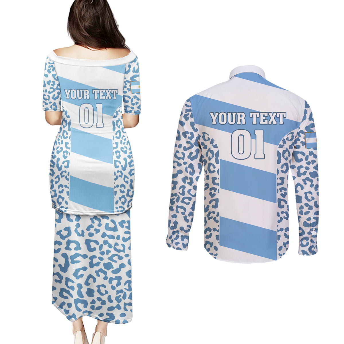 Custom Argentina Rugby Couples Matching Puletasi Dress and Long Sleeve Button Shirts Los Pumas Go 2023 World Cup - Wonder Print Shop