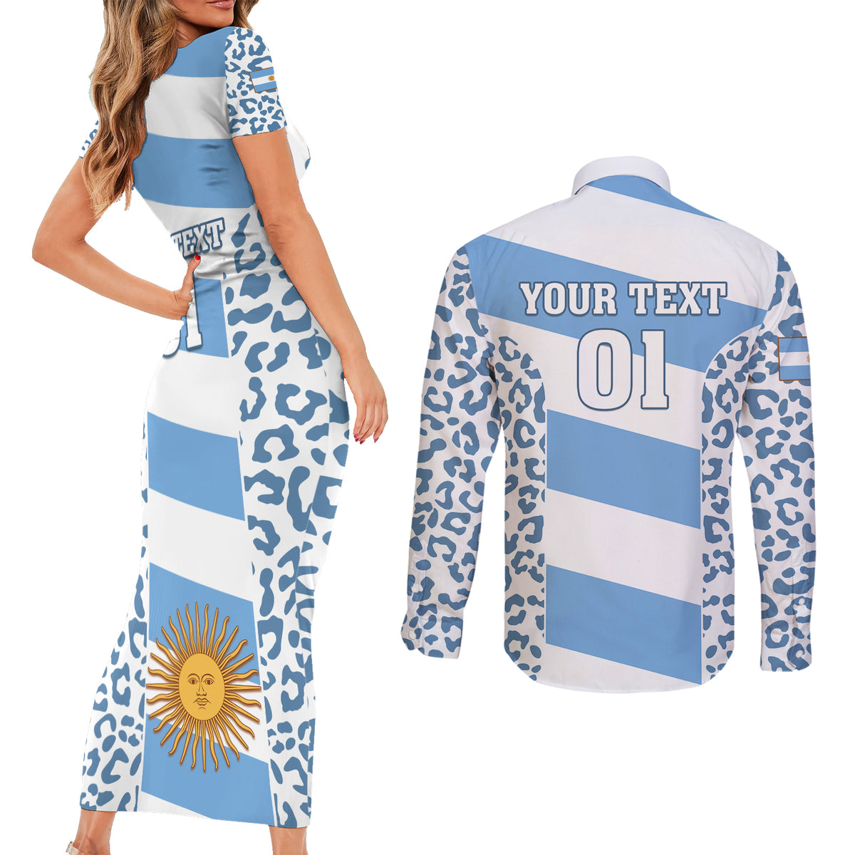 Custom Argentina Rugby Couples Matching Short Sleeve Bodycon Dress and Long Sleeve Button Shirts Los Pumas Go 2023 World Cup - Wonder Print Shop