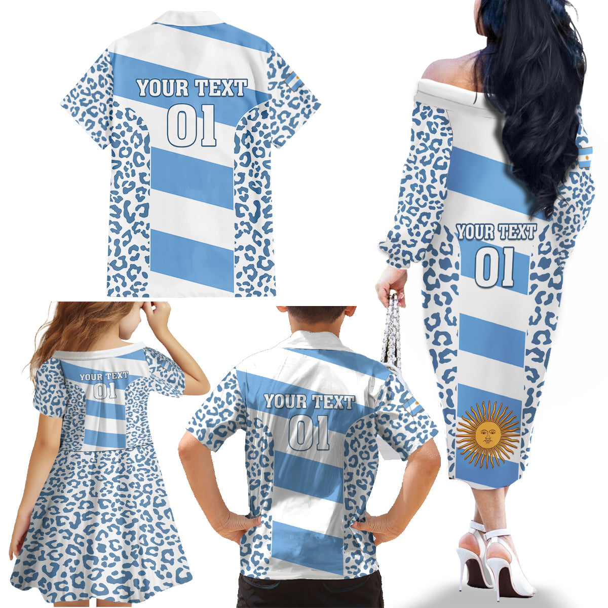 Custom Argentina Rugby Family Matching Off Shoulder Long Sleeve Dress and Hawaiian Shirt Los Pumas Go 2023 World Cup - Wonder Print Shop