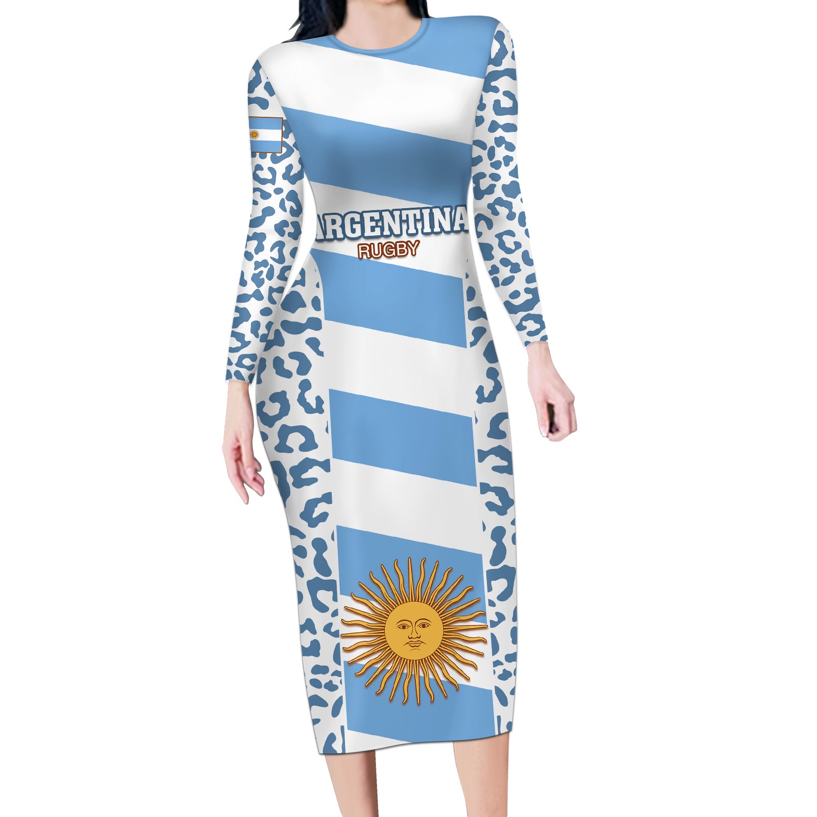 Custom Argentina Rugby Long Sleeve Bodycon Dress Los Pumas Go 2023 World Cup - Wonder Print Shop