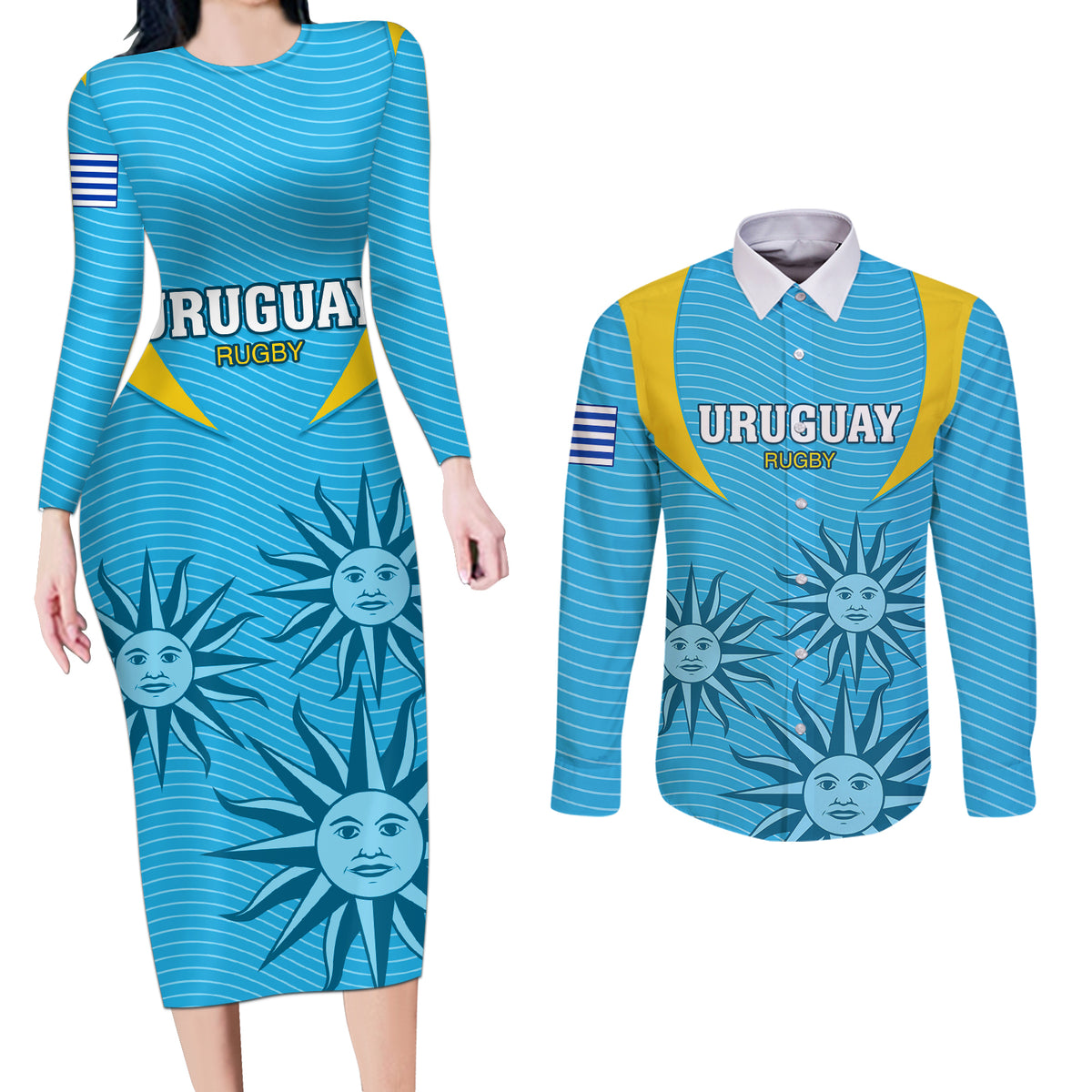 Uruguay Rugby Couples Matching Long Sleeve Bodycon Dress and Long Sleeve Button Shirts Los Teros Go 2023 World Cup - Wonder Print Shop