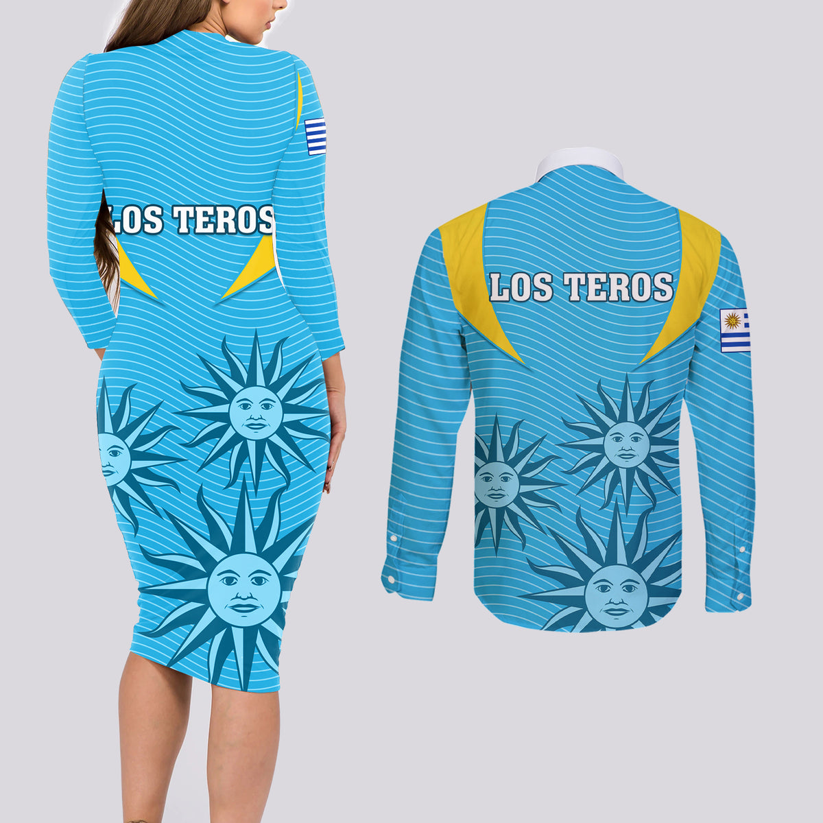 Uruguay Rugby Couples Matching Long Sleeve Bodycon Dress and Long Sleeve Button Shirts Los Teros Go 2023 World Cup - Wonder Print Shop