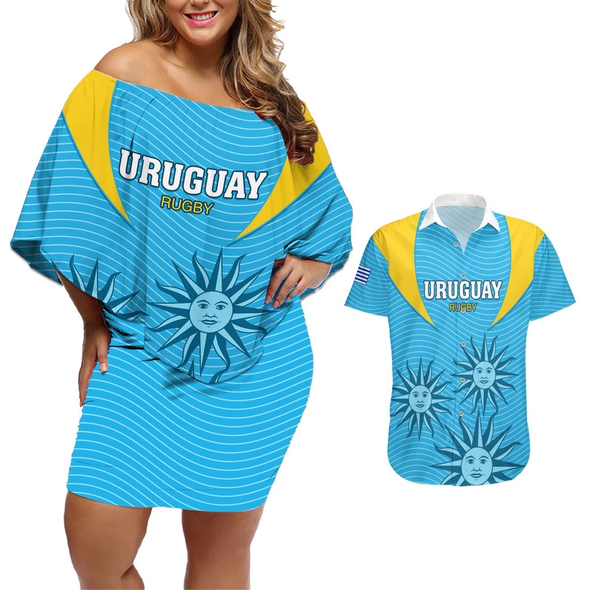 Uruguay Rugby Couples Matching Off Shoulder Short Dress and Hawaiian Shirt Los Teros Go 2023 World Cup - Wonder Print Shop