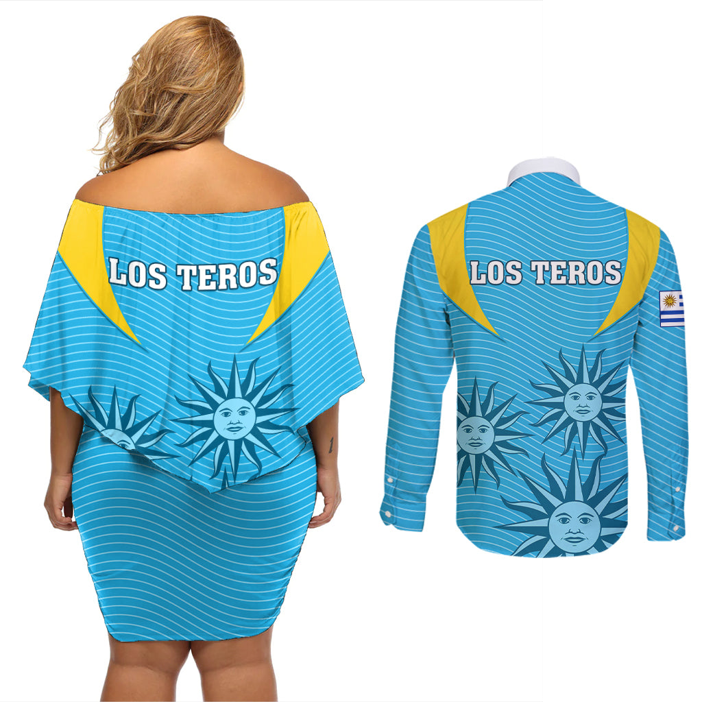 Uruguay Rugby Couples Matching Off Shoulder Short Dress and Long Sleeve Button Shirts Los Teros Go 2023 World Cup - Wonder Print Shop
