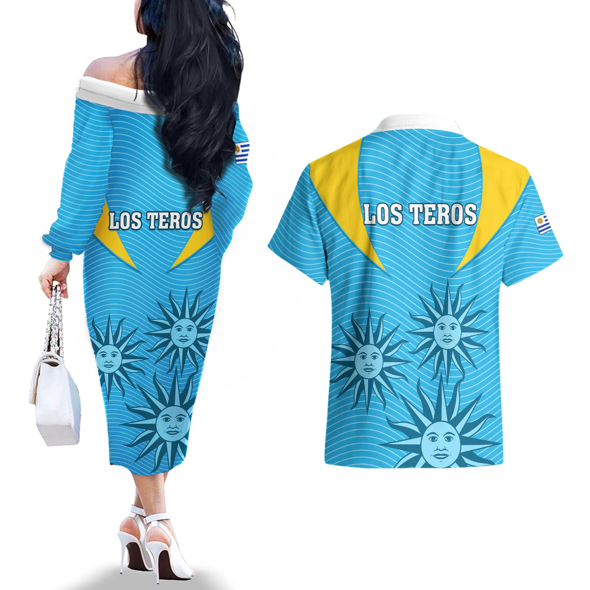 Uruguay Rugby Couples Matching Off The Shoulder Long Sleeve Dress and Hawaiian Shirt Los Teros Go 2023 World Cup - Wonder Print Shop