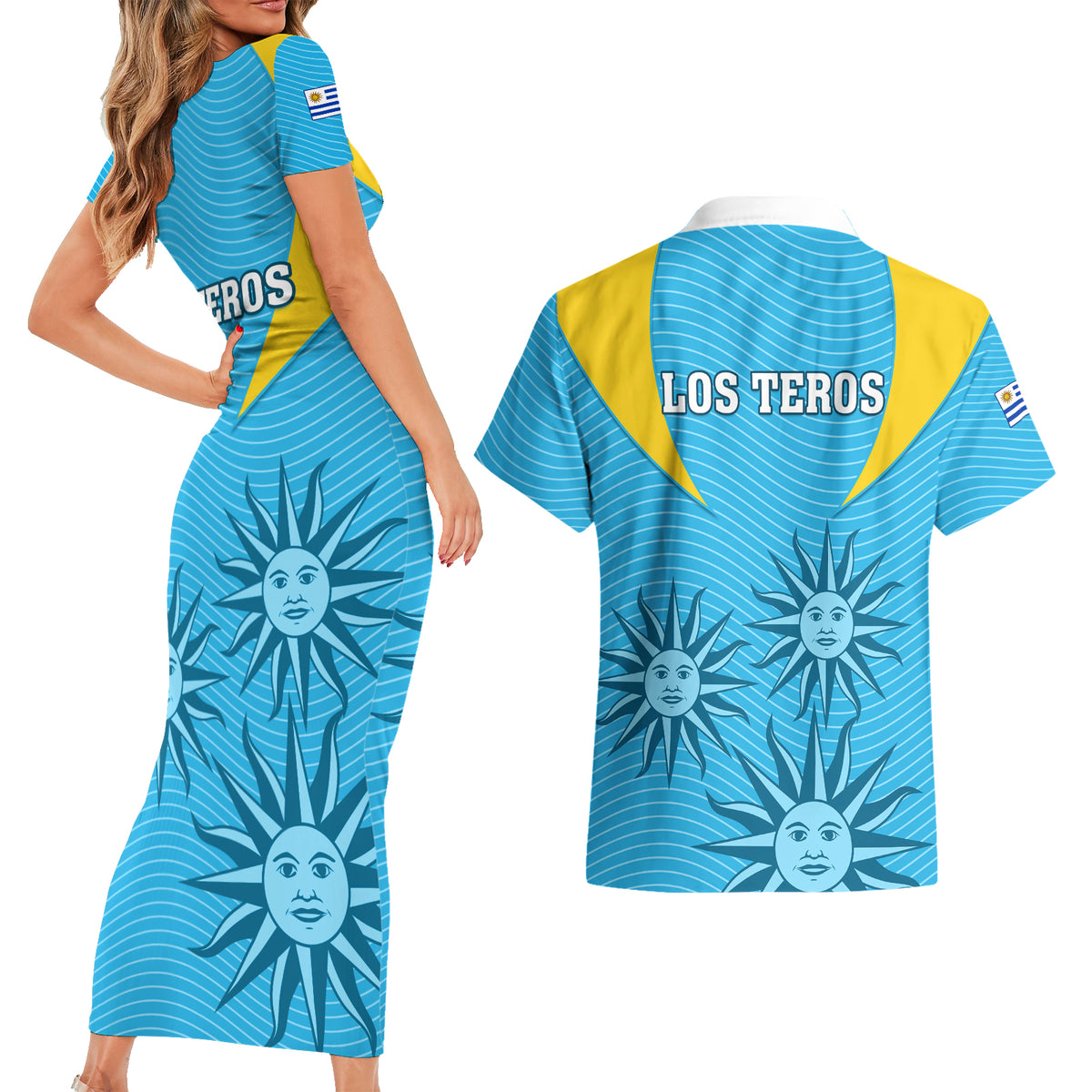 Uruguay Rugby Couples Matching Short Sleeve Bodycon Dress and Hawaiian Shirt Los Teros Go 2023 World Cup - Wonder Print Shop