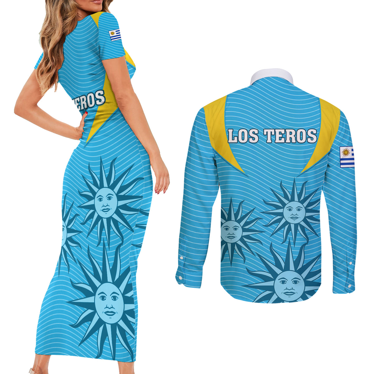 Uruguay Rugby Couples Matching Short Sleeve Bodycon Dress and Long Sleeve Button Shirts Los Teros Go 2023 World Cup - Wonder Print Shop
