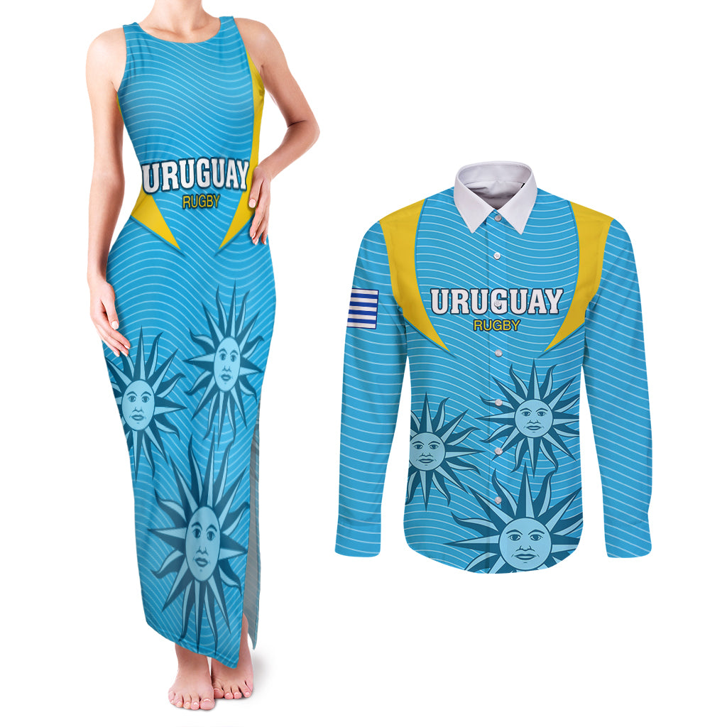Uruguay Rugby Couples Matching Tank Maxi Dress and Long Sleeve Button Shirts Los Teros Go 2023 World Cup - Wonder Print Shop