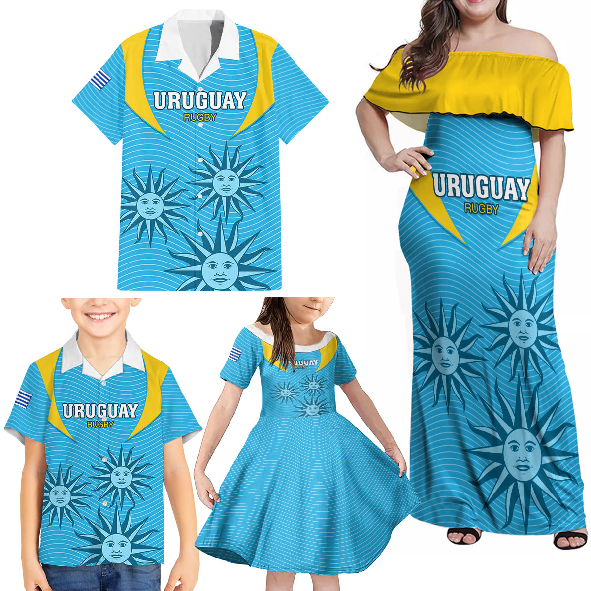 Uruguay Rugby Family Matching Off Shoulder Maxi Dress and Hawaiian Shirt Los Teros Go 2023 World Cup - Wonder Print Shop