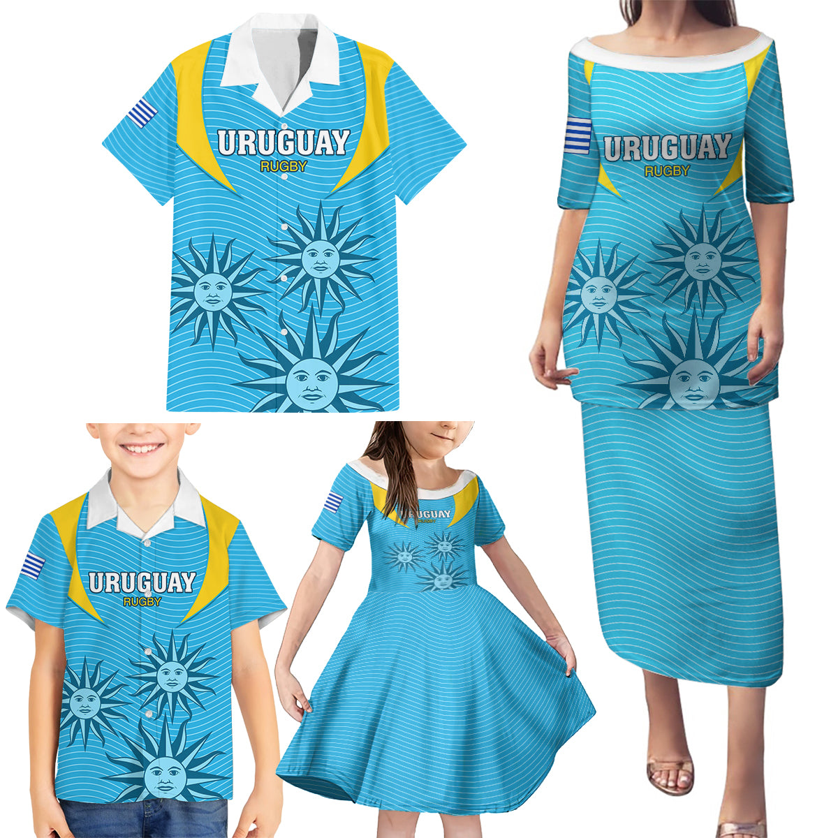 Uruguay Rugby Family Matching Puletasi Dress and Hawaiian Shirt Los Teros Go 2023 World Cup - Wonder Print Shop