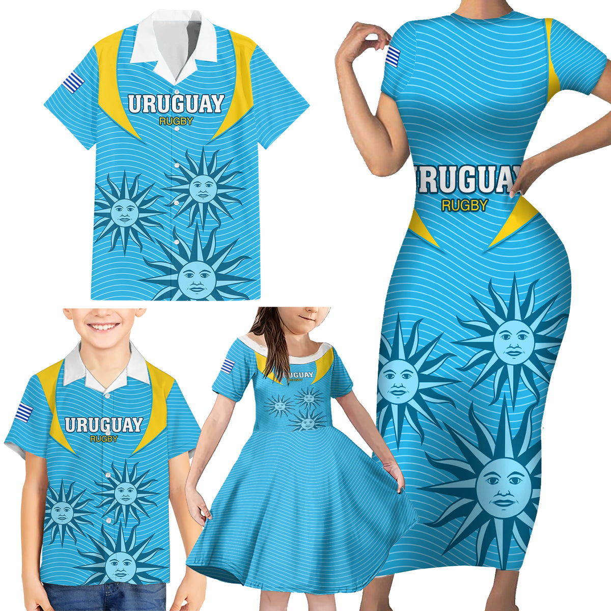 Uruguay Rugby Family Matching Short Sleeve Bodycon Dress and Hawaiian Shirt Los Teros Go 2023 World Cup - Wonder Print Shop