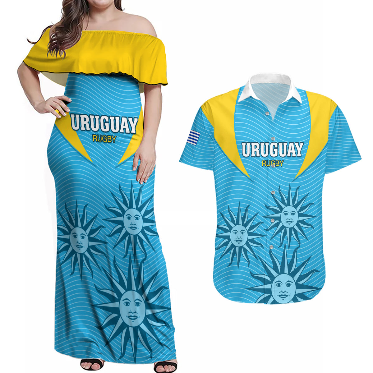 Custom Uruguay Rugby Couples Matching Off Shoulder Maxi Dress and Hawaiian Shirt Los Teros Go 2023 World Cup - Wonder Print Shop
