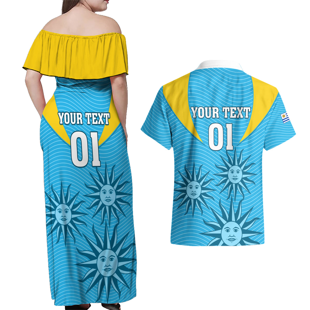 Custom Uruguay Rugby Couples Matching Off Shoulder Maxi Dress and Hawaiian Shirt Los Teros Go 2023 World Cup - Wonder Print Shop